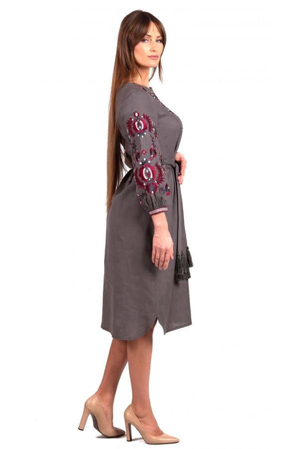 Linen Midi Dress in Dark-gray Color with Floral Ornament