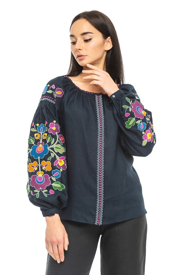 Women's Black Embroidered Shirt with Coloured Flowes, S