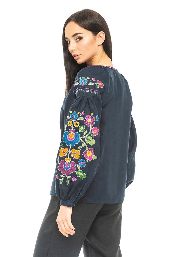 Women's Black Embroidered Shirt with Coloured Flowes, S