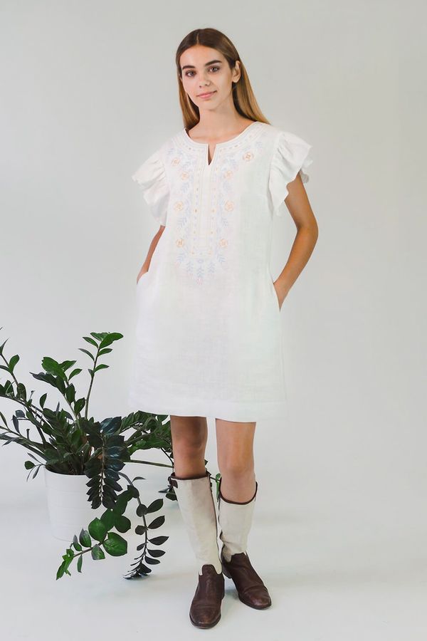 Short White Dress with Beige and Blue Embroidery, L