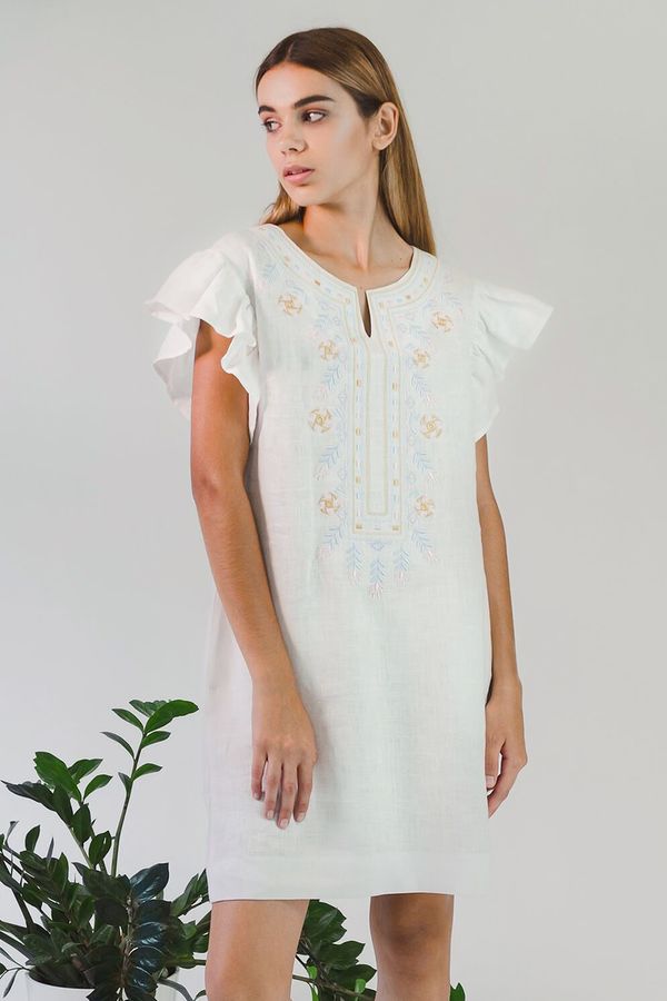 Short White Dress with Beige and Blue Embroidery, L