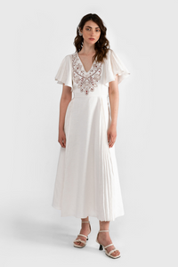 Embroidered milk-colored dress with red ornament, XS/S
