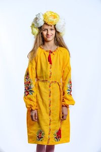 Girls' Linen Dress in Yellow Color with Floral Ornament, 116