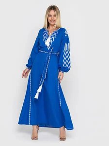 Embroidered blue women's dress with white geometric stitching