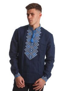 Men's Navy-Blue Shirt with Light-Blue Embroidery, 56