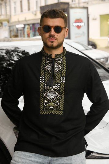 Men&rsquo;s &lsquo;Carpathian&rsquo; embroidered shirt, black, M