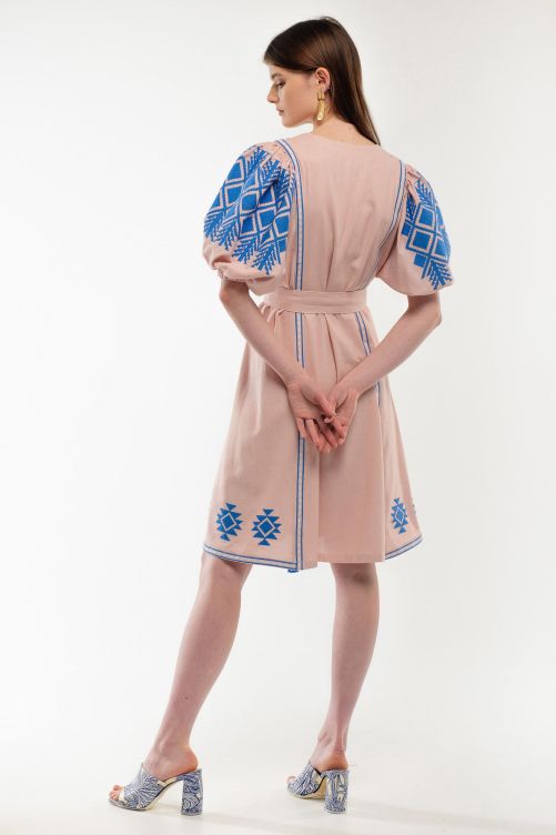 Women's pink dress with blue embroidery, XS/S