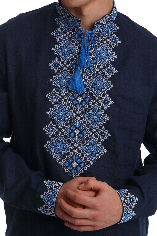 Men's Navy-Blue Shirt with Light-Blue Embroidery, 56