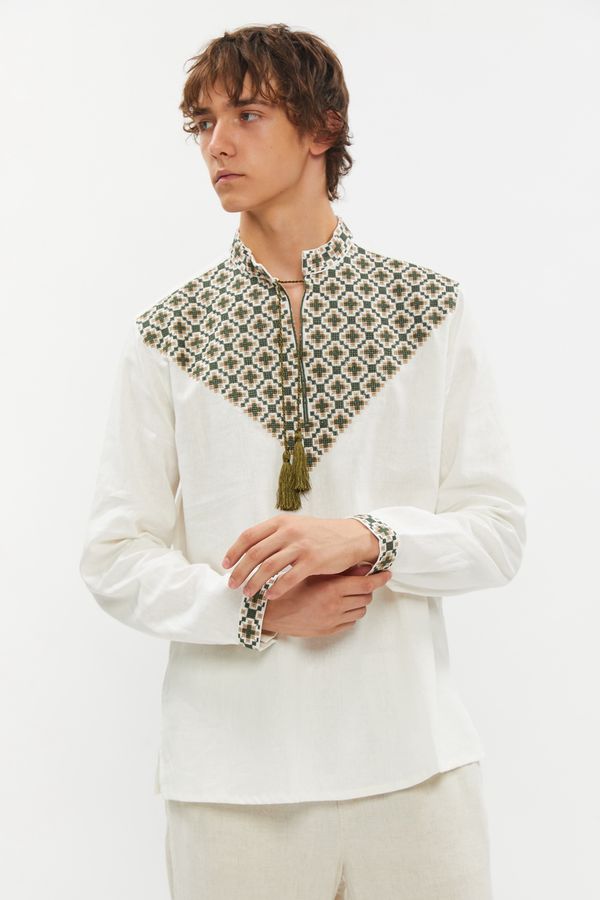 Men's milk-coloured shirt with green embroidery, XL