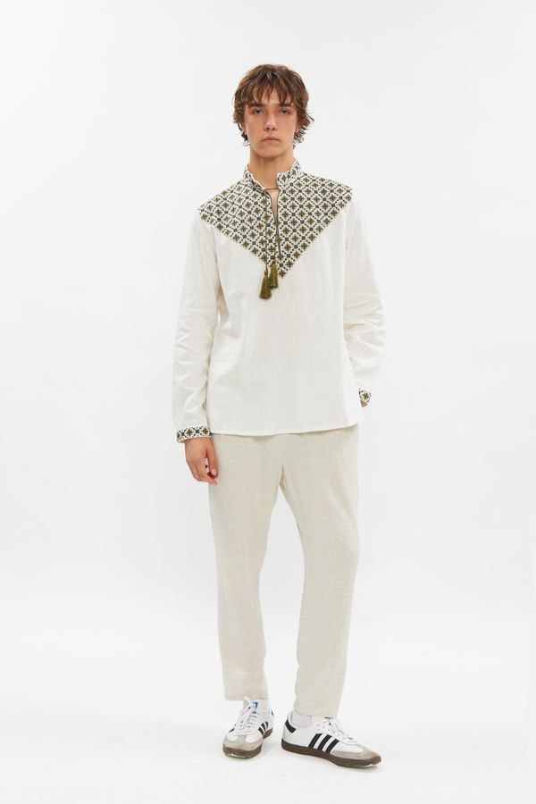 Men's milk-coloured shirt with green embroidery, L