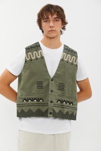 Men's embroidered vest in khaki color with floral pattern, 50