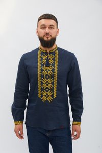 Embroidered shirt for men linen dark blue, trident, L