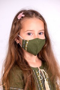 Захисна маска дитяча з вишивкою, темно-зелений льон