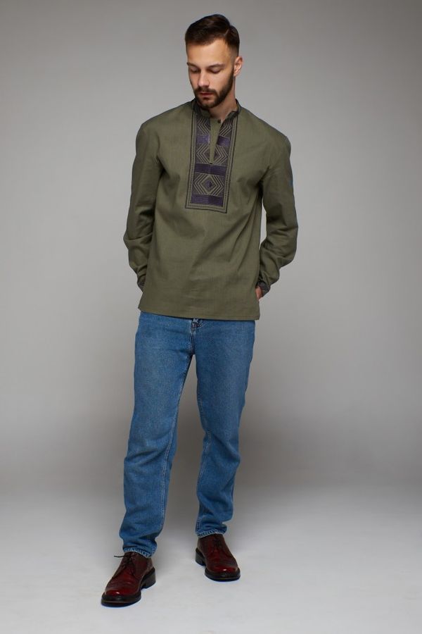 Men's embroidered shirt Khaki with dark embroidery