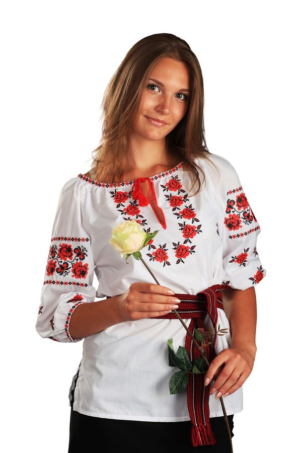 White Embroidered Shirt with Red Flowers Ruza, L