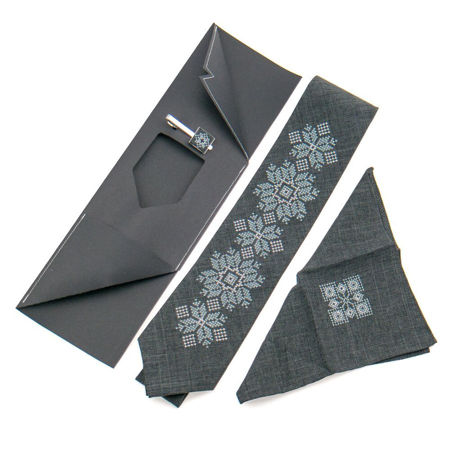 Вишита краватка з хустинкою та зажимом темно-сірого кольору