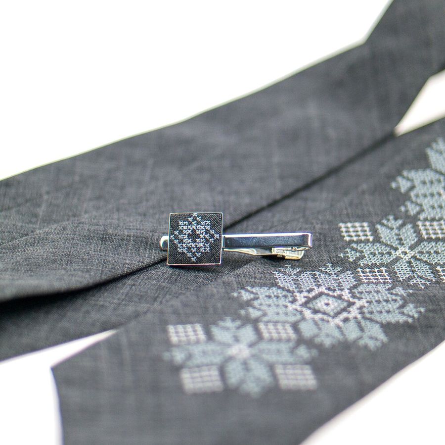 Embroidered Set in Dark Gray Color, Tie & Pocket Square & Tie Clip
