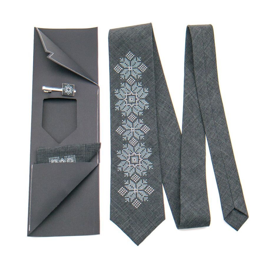 Embroidered Set in Dark Gray Color, Tie & Pocket Square & Tie Clip