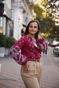 Women's embroidered burgundy linen with white and blue embroidery