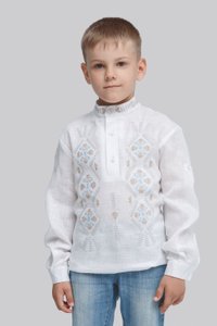 Embroidered White Shirt for Boys with Blue and White Ornament, 122