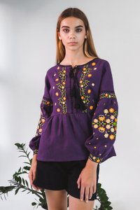 Purple Linen Shirt with Embroidered Flowers, S