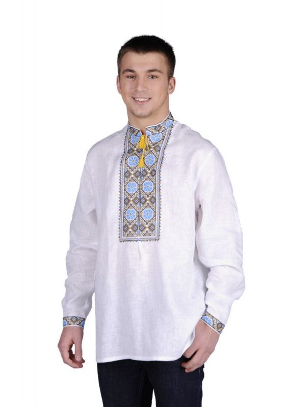Men's White Shirt with Blue and Brown Embroidery, S