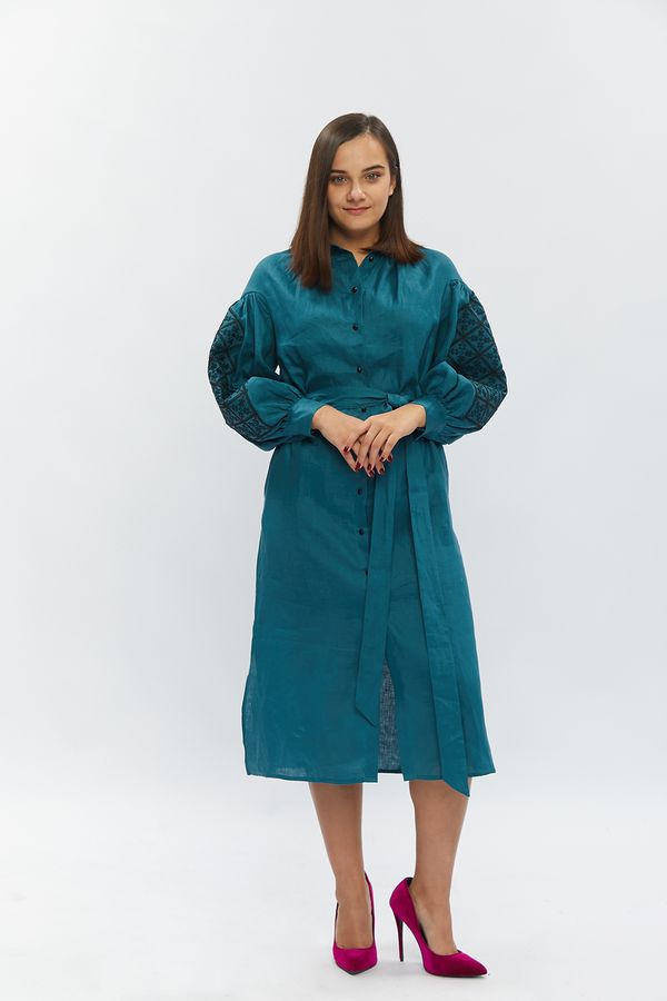 Embroidered dress with buttons, aquamarine, S