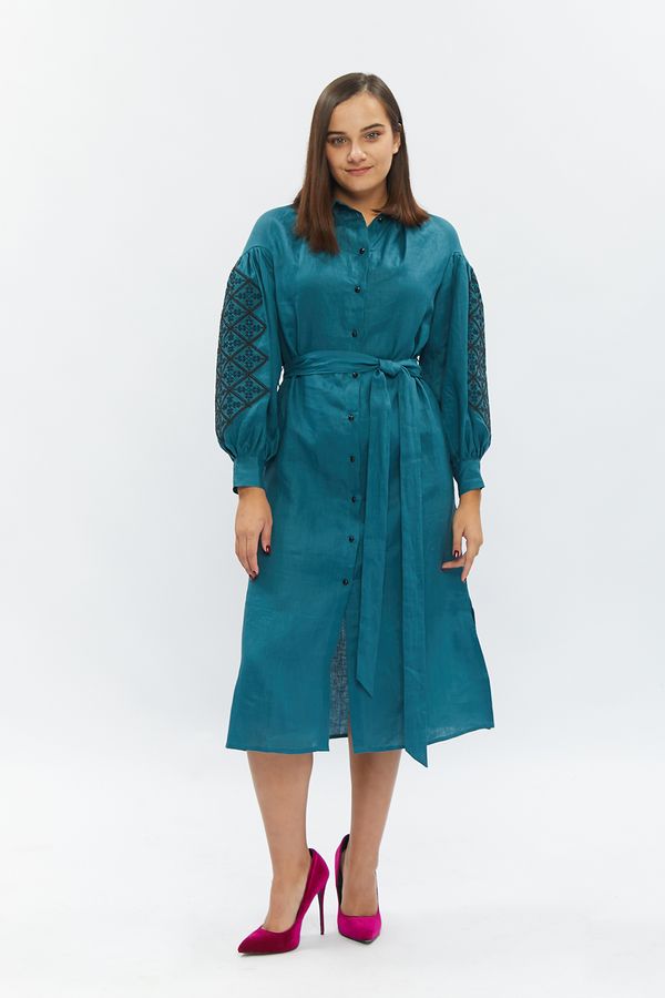 Embroidered dress with buttons, aquamarine, S