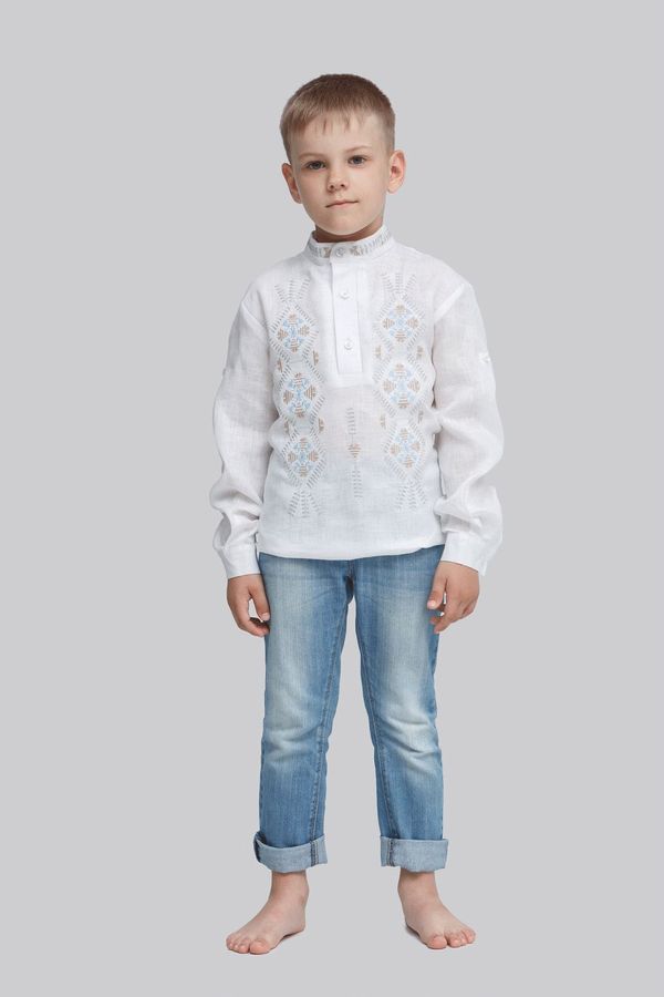 Embroidered White Shirt for Boys with Blue and White Ornament, 152