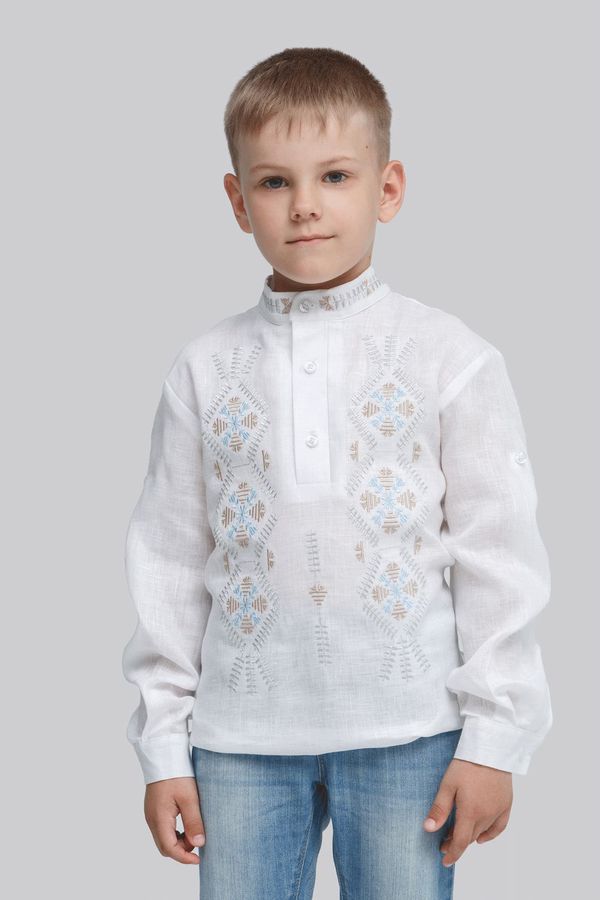 Embroidered White Shirt for Boys with Blue and White Ornament, 110