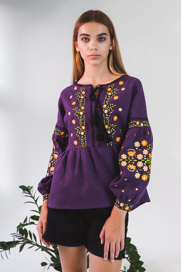 Purple Linen Shirt with Embroidered Flowers, XS