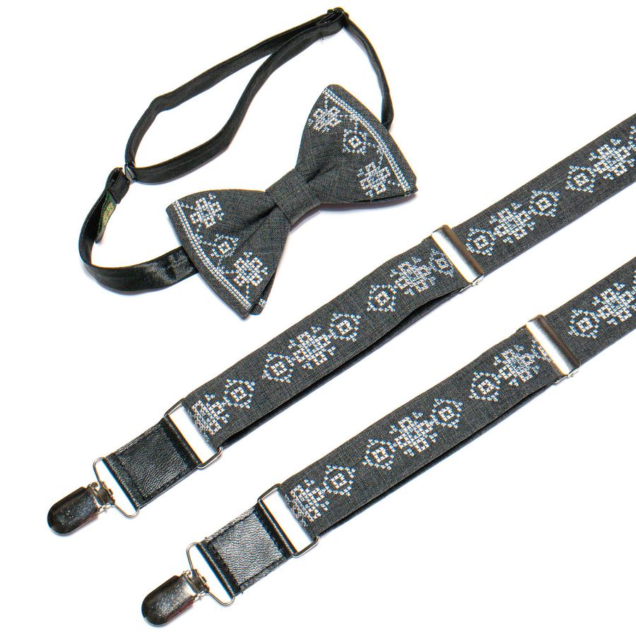 Dark Gray Bow Tie & Suspenders Set with Embroidery