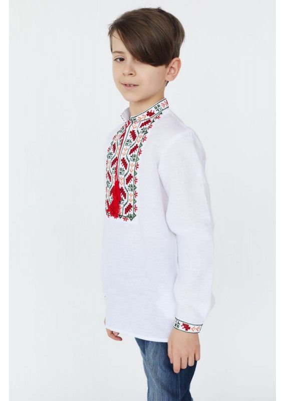 Embroidered White Shirt for Boys with Red Ornament, 152