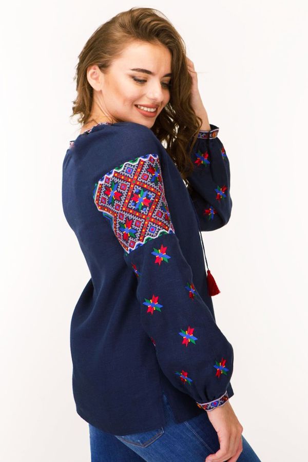Women's Dark Blue Embroidered Shirt with the Symbol of Alatyr Star, S