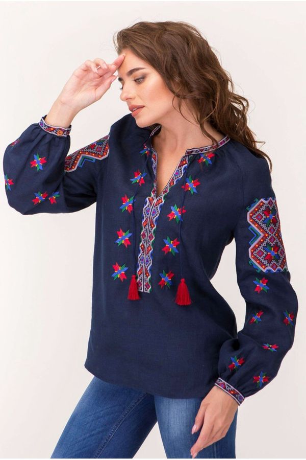Women's Dark Blue Embroidered Shirt with the Symbol of Alatyr Star, S