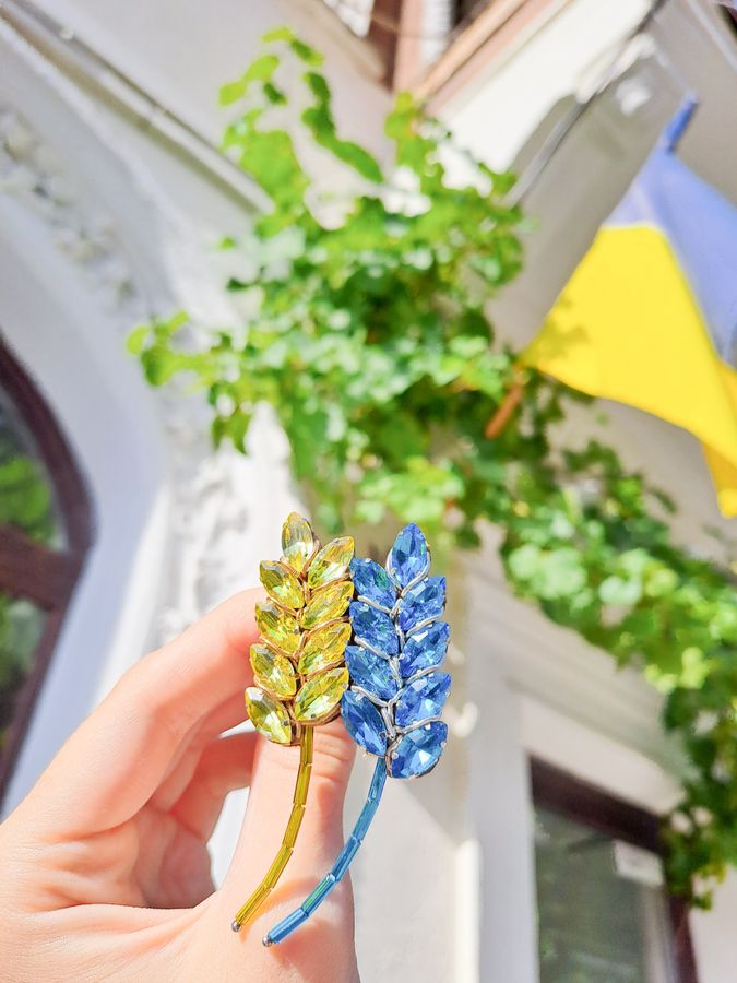 Brooch double spikelet blue and yellow