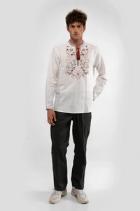 Men's beige embroidered shirt with red embroidery, S