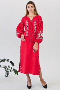 Long Red Dress with White and Black Embroidery, L