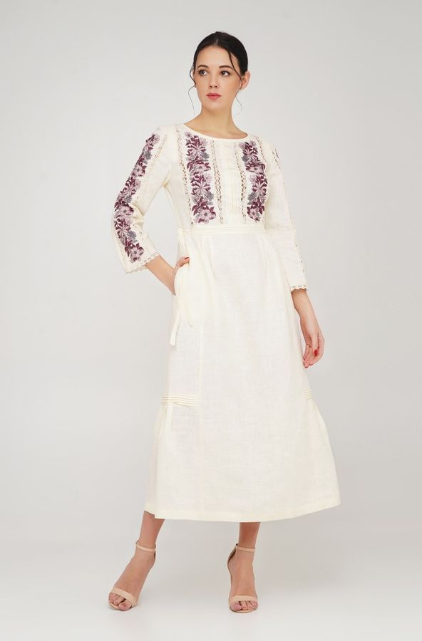 Women's Milky Dress with Purple Embroidery, 40