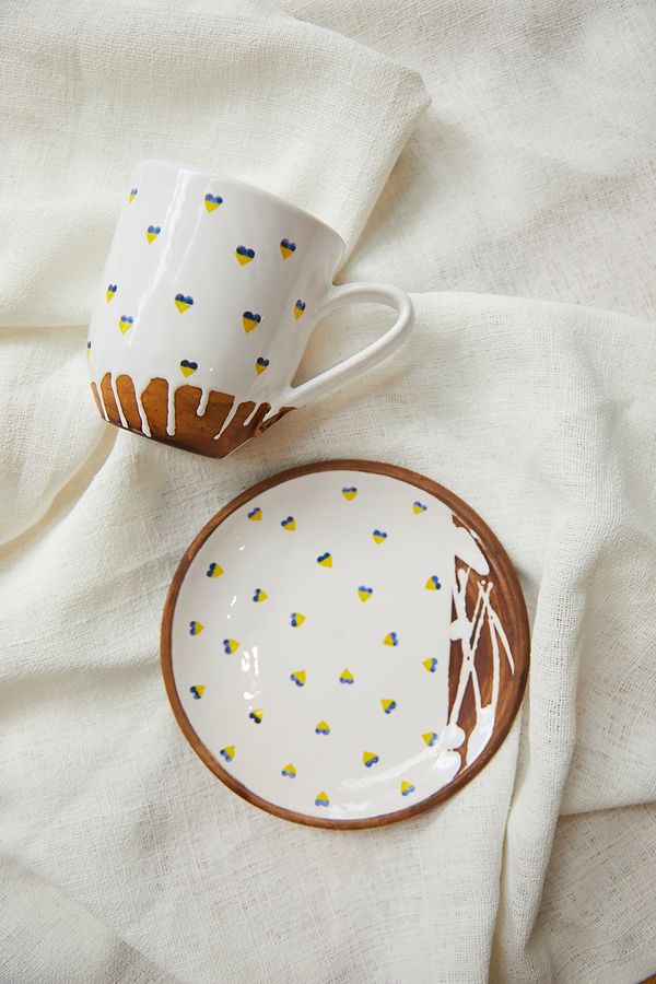 Ceramic cup and saucer with yellow and blue hearts (handmade)