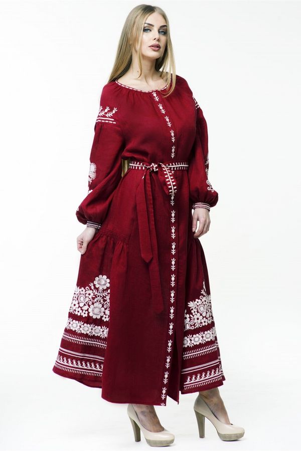 Wine-Dark Embroidered Dress with Wide Sleeves