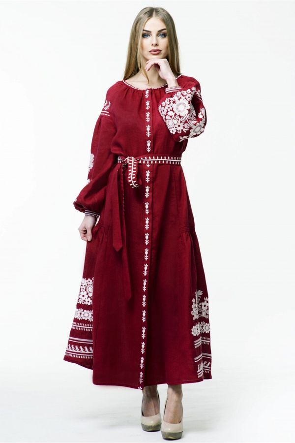 Wine-Dark Embroidered Dress with Wide Sleeves