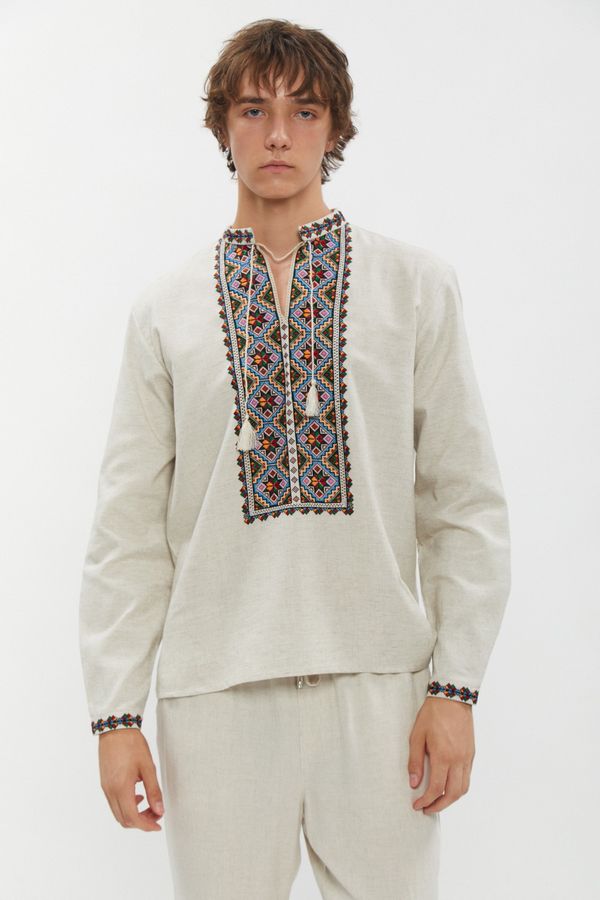 Men's handmade embroidered shirt with multicolored ornament with the Star of Alatar, 50