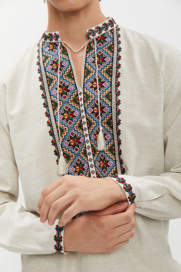 Men's handmade embroidered shirt with multicolored ornament with the Star of Alatar, 50