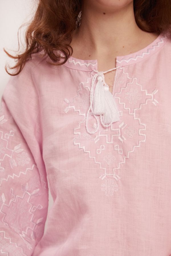 Embroidered shirt for women pink linen white embroidery, XS