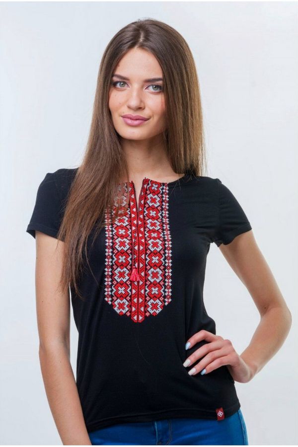 Women's Black Embroidered T-Shirt with Red Ornament, S