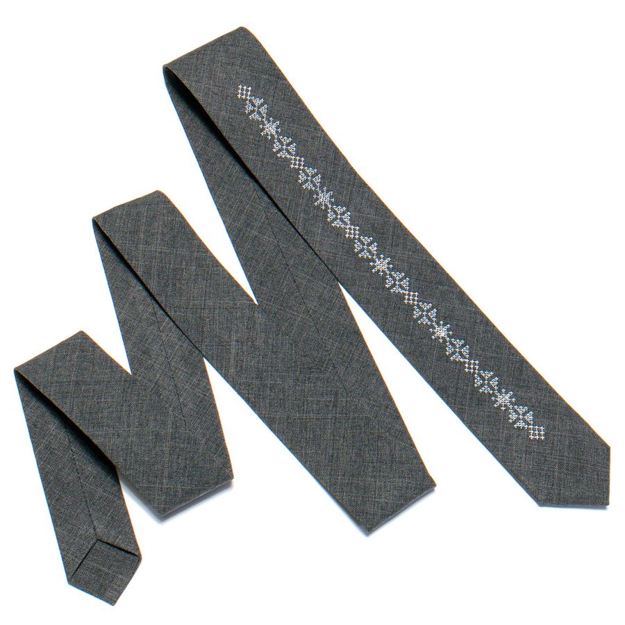 Skinny Embroidered Tie, Dark Grey