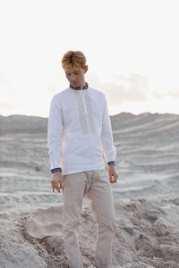 Men's shirt white with beige embroidery, S