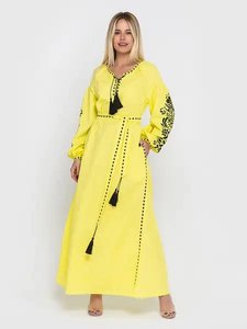 Вишита жовта сукня з чорною орнаментом "Дерево життя" , 48
