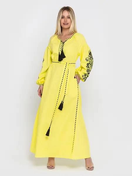 Embroidered yellow dress with black ornament , 48